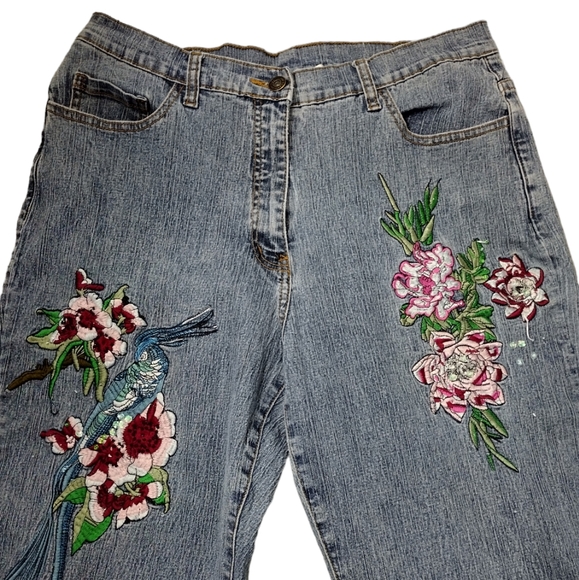 80's Denim 24/7 Embellished hippy boho flower power jeans 16 - Picture 3 of 7